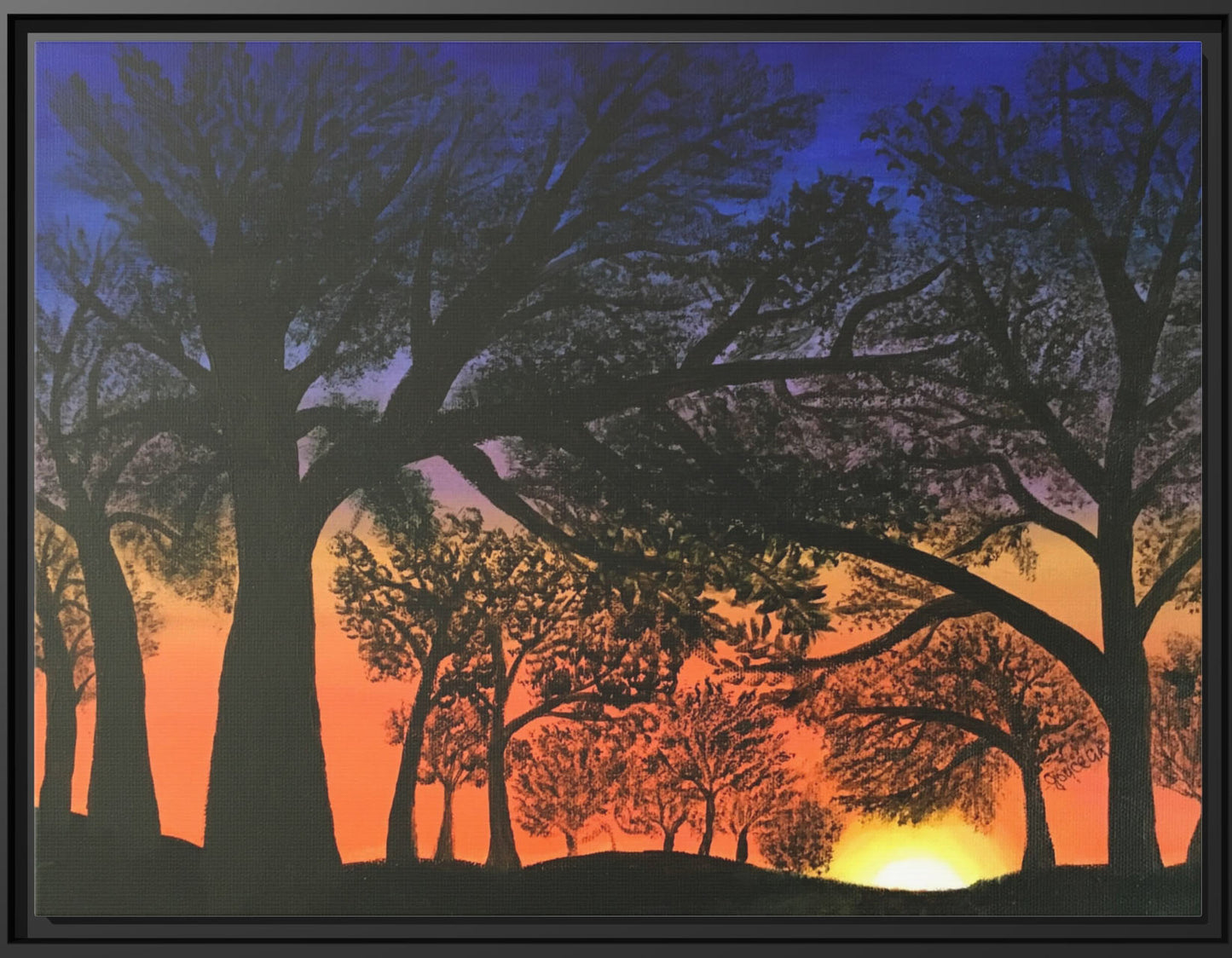 fiery Sunset.  Painting Print on Matte Canvas, Black Frame