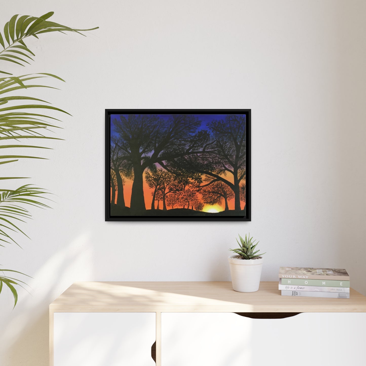 fiery Sunset.  Painting Print on Matte Canvas, Black Frame